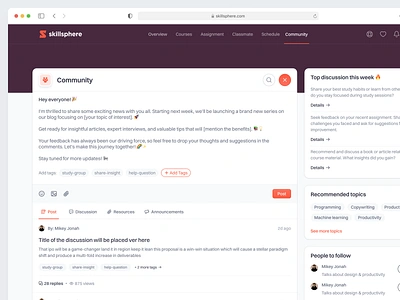 Skillsphere: E-Course Dashboard Saas Web App - Community 📚 community course dashboard design discussion ecourse elearning forum learning learning platform post product design reddit saas saasuiux thread uiux web app web app dashboard web design