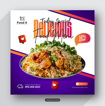 Biryani social media sale banner and restaurant Instagram post cheese logo