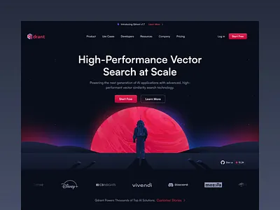 Qdrant Home Page Design art direction astronaut design galaxy hero illustration mobile planet qdrant quadrant red redplanet space ui ux web design