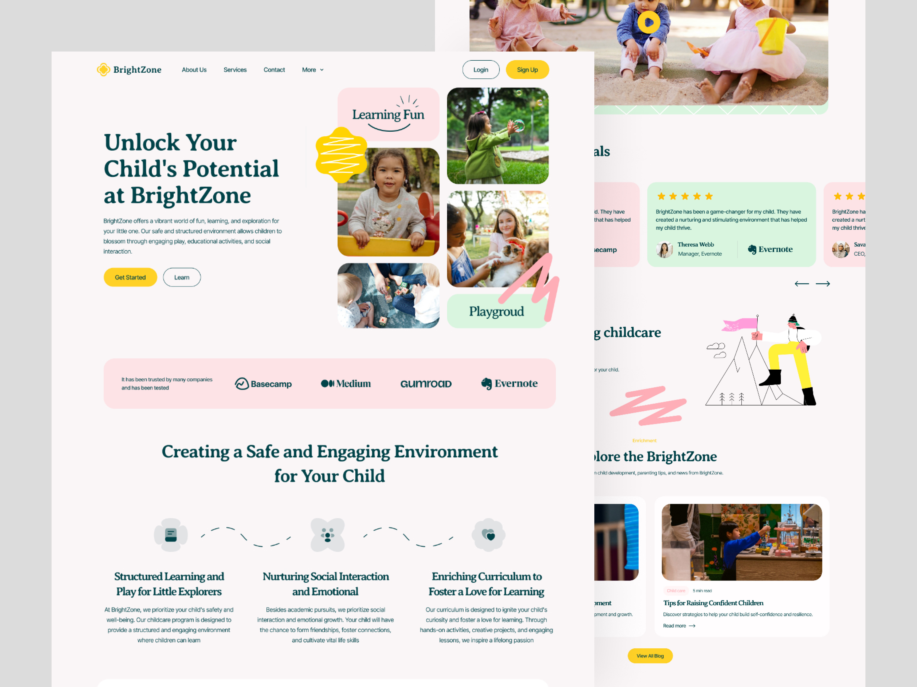 BrightZone: Child Care Landing Page care child child care clean fun home page kid landing page learning minimal modern playground website