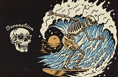 Vintage illustration Skeleton Surf album cover artwork band clothing brand design illustration skull illustration surf illustration vintage illustration