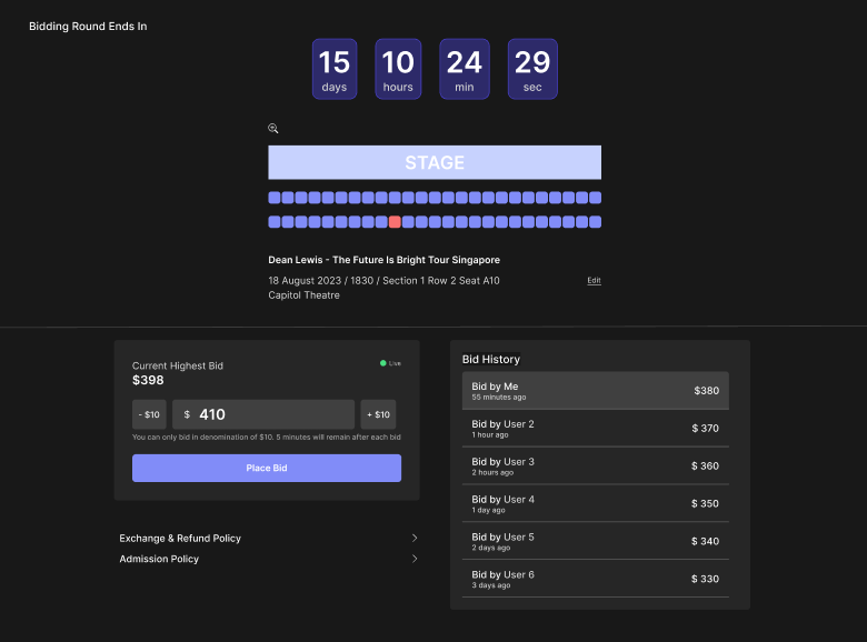 Concert Ticket Bidding Platform auction bidding bidding platform branding concert dark dark theme design indigo landing page logo ticket ui uiux user interface ux web design