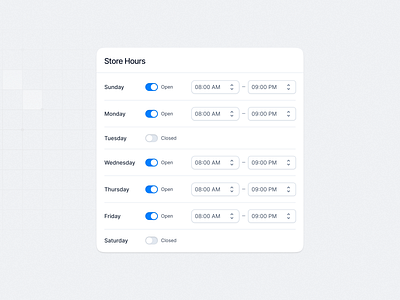 Store Hours UI beautiful branding dashboard day settngs design graphic design landing page store hours ui ux