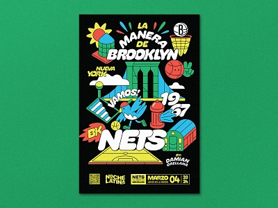 Brooklyn Nets Poster basketball bird bridge brooklyn cloud court design fire hydrant graphic design illustration nets nyc poster print sport sports subway sun typography water tower