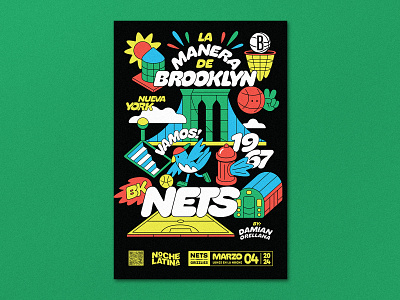 Brooklyn Nets Poster basketball bird bridge brooklyn cloud court design fire hydrant graphic design illustration nets nyc poster print sport sports subway sun typography water tower