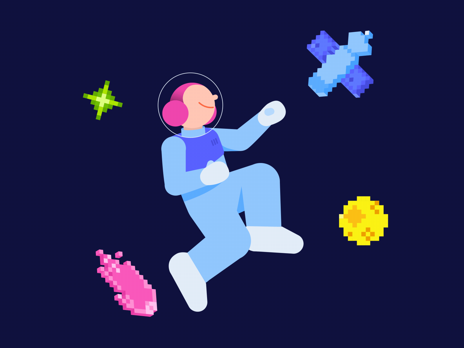 Space exploration mission and technology 2d after effects animation astronaut character cosmic adventure cosmos floating illustration interstellar motion graphics pixel art planet rotation science fiction space explorer space travel spacesuit star woman