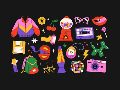 Back to 90s 00s 80s 90s bright cartoon classic colorful concept design flat icon illustration retro set sticker vector vintage