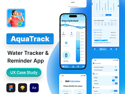 Water Tracker & Reminder App Case Study & UI Design animation app design aqua bmi branding case study figma fitness graphic design gym illustration logo reminder running sports tracker ui ux water reminder water tracker