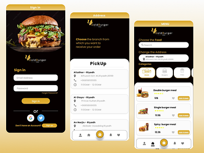 Gold burger app mobile ui visual design