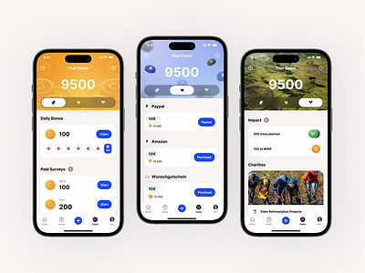 🪙 Earn, Shop & Impact Tab app appinio balance coins daily bonus donations earn impact mobile product design shop spend ui ux