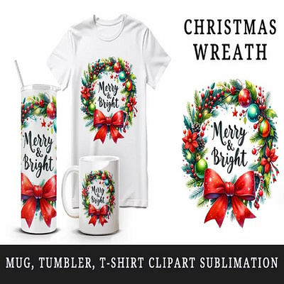 Christmas wreath tumbler, mug wrap, clipart sublimation png 3d animation apparel branding graphic design logo ui