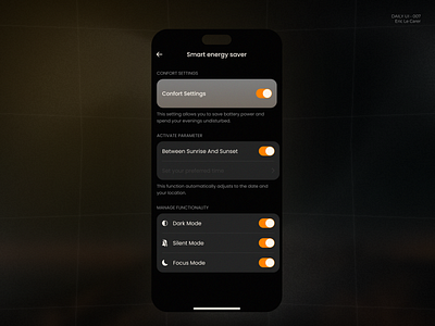 Settings - Daily UI 007 007 app daily ui darkmood day focus mode ios moon night parameter product design setting settings silent mode sun ui ux