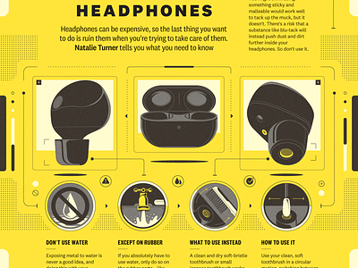 The right way to clean your headphones (Which? Tech) brush clean editorial headphones illustration infographic