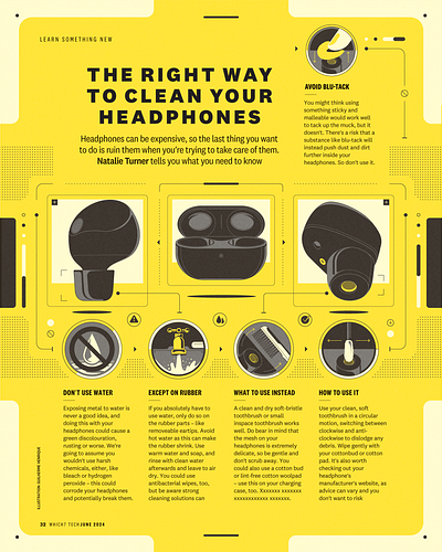 The right way to clean your headphones (Which? Tech) brush clean editorial headphones illustration infographic