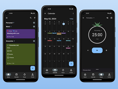 Planndu Dark Mode android app branding calendar dark mode design focus timer planner productivity task management todo ui ux design