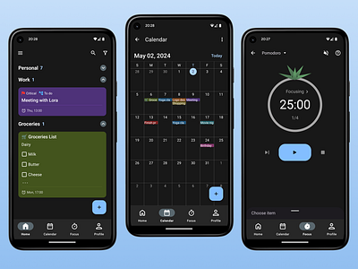 Planndu Dark Mode android app branding calendar dark mode design focus timer planner productivity task management todo ui ux design