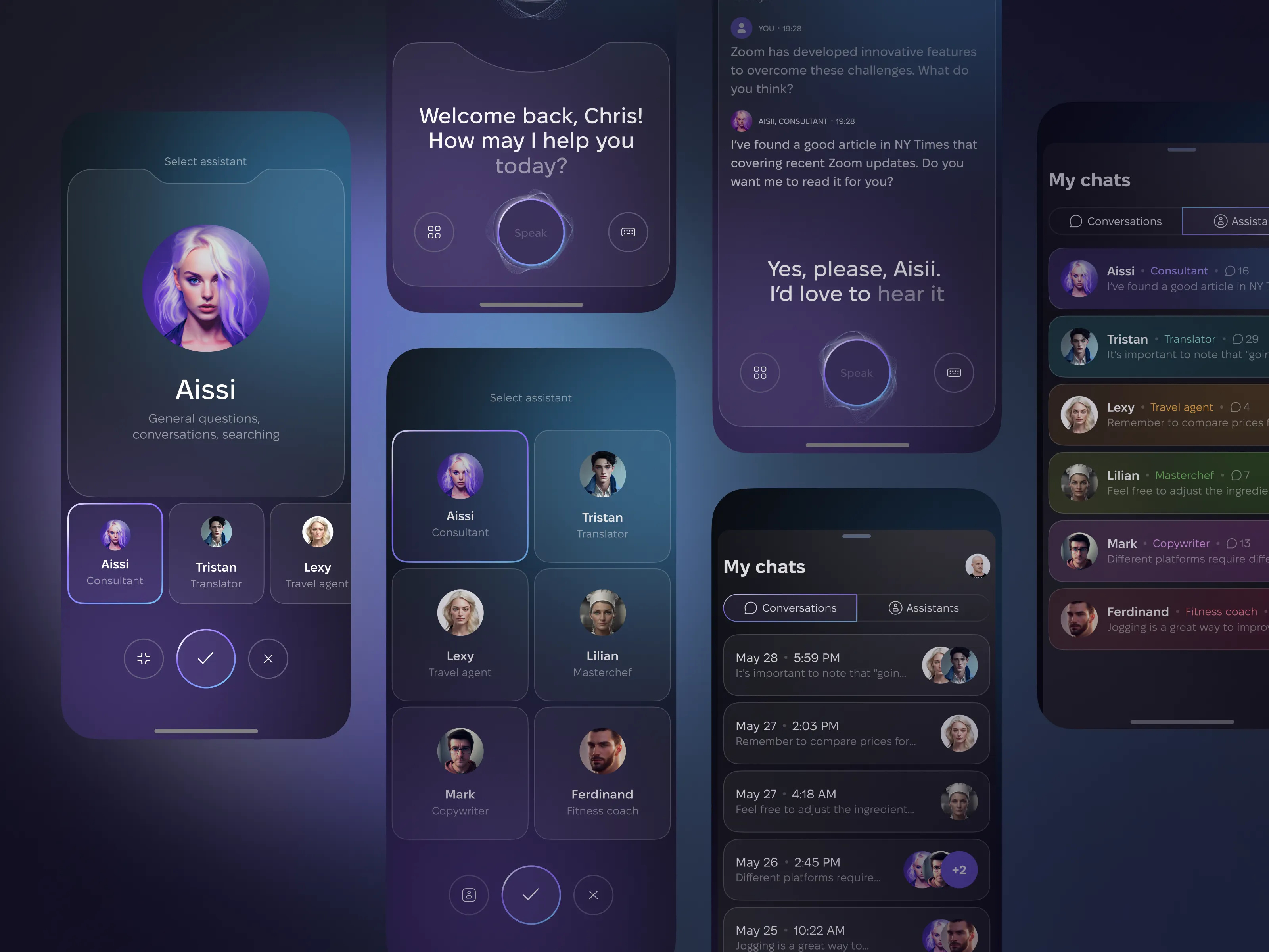 Case Study: Aissi - Mobile app for voice-first AI assistant ai app ai assistant ai chat ai design app design chat ui chatbot consumer app dark mode gen ai glassmorphism ios app iphone llm mobile app product design purple ui design voice ai voice assistant