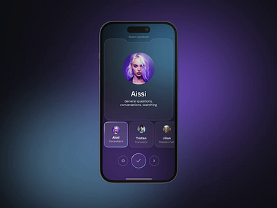 Aissi. AI multi-persona voice assistant ai app assistant cards chat copilot design ios mobile ui ux voice