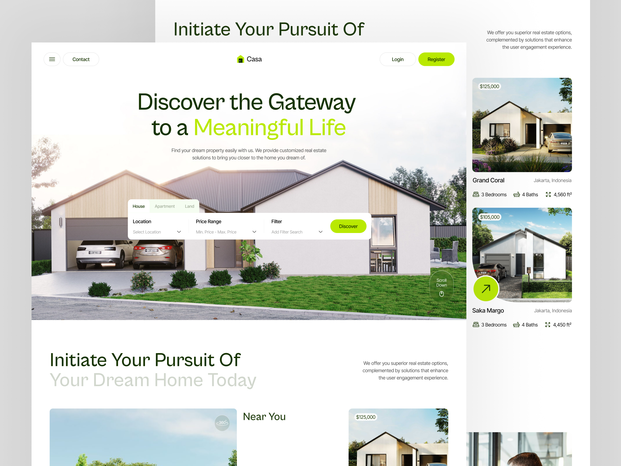 Casa - Real Estate Landing Page apartment branding business company design figma green house illustration land landing page real estate services simple ui ui design ux design