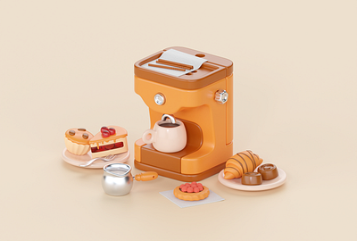 Coffee time :) 3d blender cake candy capuchino chill chocolate coffee cream croissant cup cycles illustration isometric muffin napkin rasberry relax time tubes