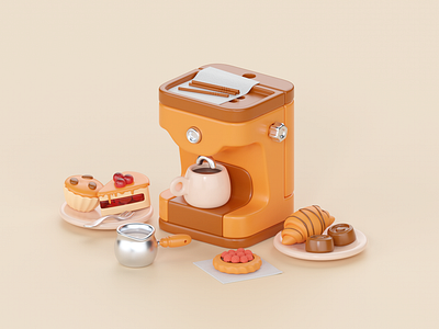 Coffee time :) 3d blender cake candy capuchino chill chocolate coffee cream croissant cup cycles illustration isometric muffin napkin rasberry relax time tubes