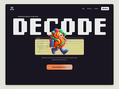 Decode landing page 3d art after effects animation branding creative dark digital art landing page lanidng ui uiux website
