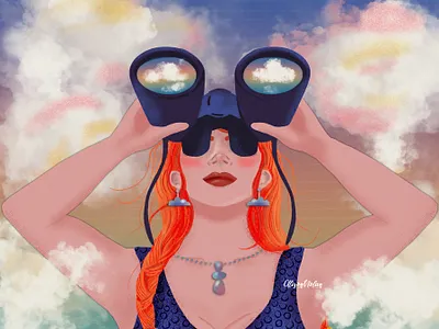 Cloud Watching binoculars character illustration clouds design drawing challenge female illustrator hand drawn illustration portrait procreate summer