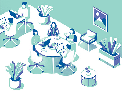 The Conquest of Happiness art blue character character design coworkspace digitalart digitalillustration editorialillustration illustration illustrator isometric laptop muti office office environment officelife people photoshop plants vector