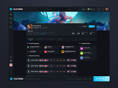 Playgrid Profile page crypto dark design esports mobile nft ui ux website
