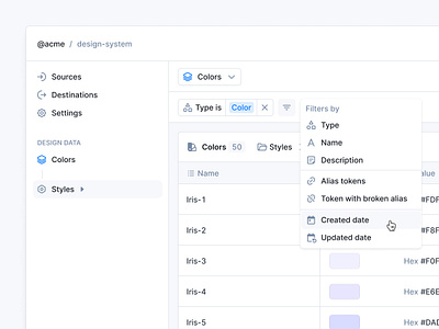 Specify · Views & Filters acme alias colors data design system design tokens filters product design saas styles table views