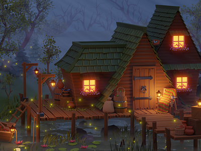 Swamp hut 3D concept art 3d 3d modelling 3d render boat cabin cute enviroment fantasy forest game gameart house hut illustration lake lanterns night swamp water