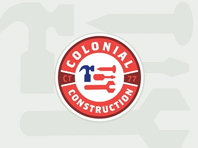 Colonial Construction Logo Badge america american flag badge builder carpenter circular contractor flag graphic design illustration lettering logo logo design logos patch patriot toolbelt tools typography usa