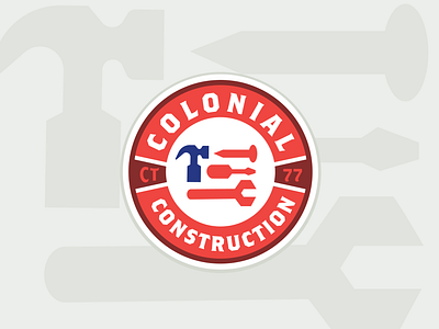 Colonial Construction Logo Badge america american flag badge builder carpenter circular contractor flag graphic design illustration lettering logo logo design logos patch patriot toolbelt tools typography usa