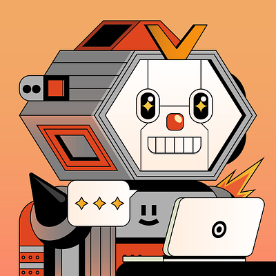 V Robot branding design digital editorial ethereum generative icon illustration indonesia laptop mecha nft orange rare robot smile star ui vector