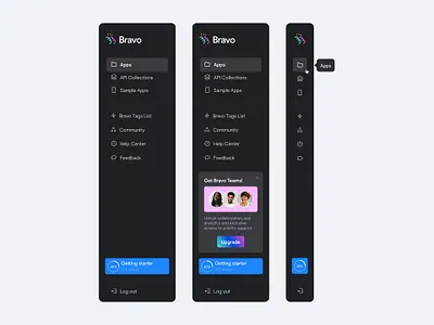 Bravo Sidebar navigation menu close dark mode get started menu menus navigation onboarding onboarding steps open open and close side menu sidebar sidebar navigation upgrade web menu