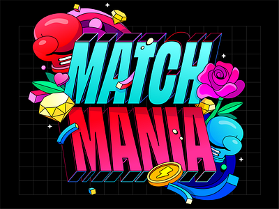 Match Mania black blue boxing bloves custom type diamonds handlettering illustration mania match pink rose shapes tiktok tiktok live trendy typography vector
