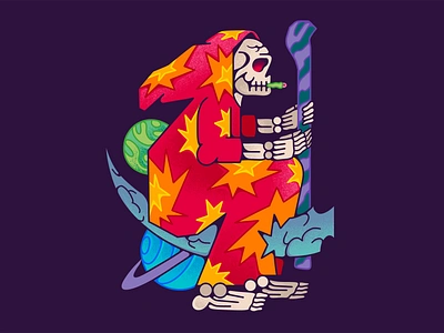 Grim Reaper album branding colorful death design fly graphic design grim grim reaper illustration knife merch mushroom reaper skull smoke space ui universe weed