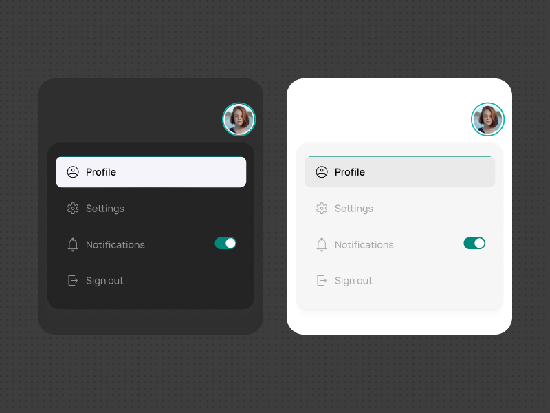 Profile Dropdown UI - Dark and Light Mode by Ekamjot Singh on Dribbble