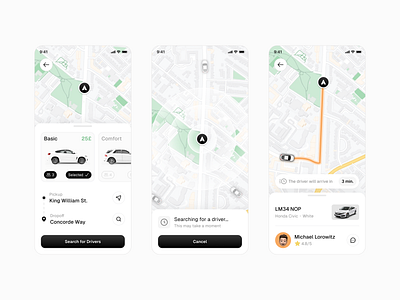 UI Concept for a Taxi Booking App app app design automotive booking clean map minimal minimalist mobile app mobile app design modern taxi uber ui