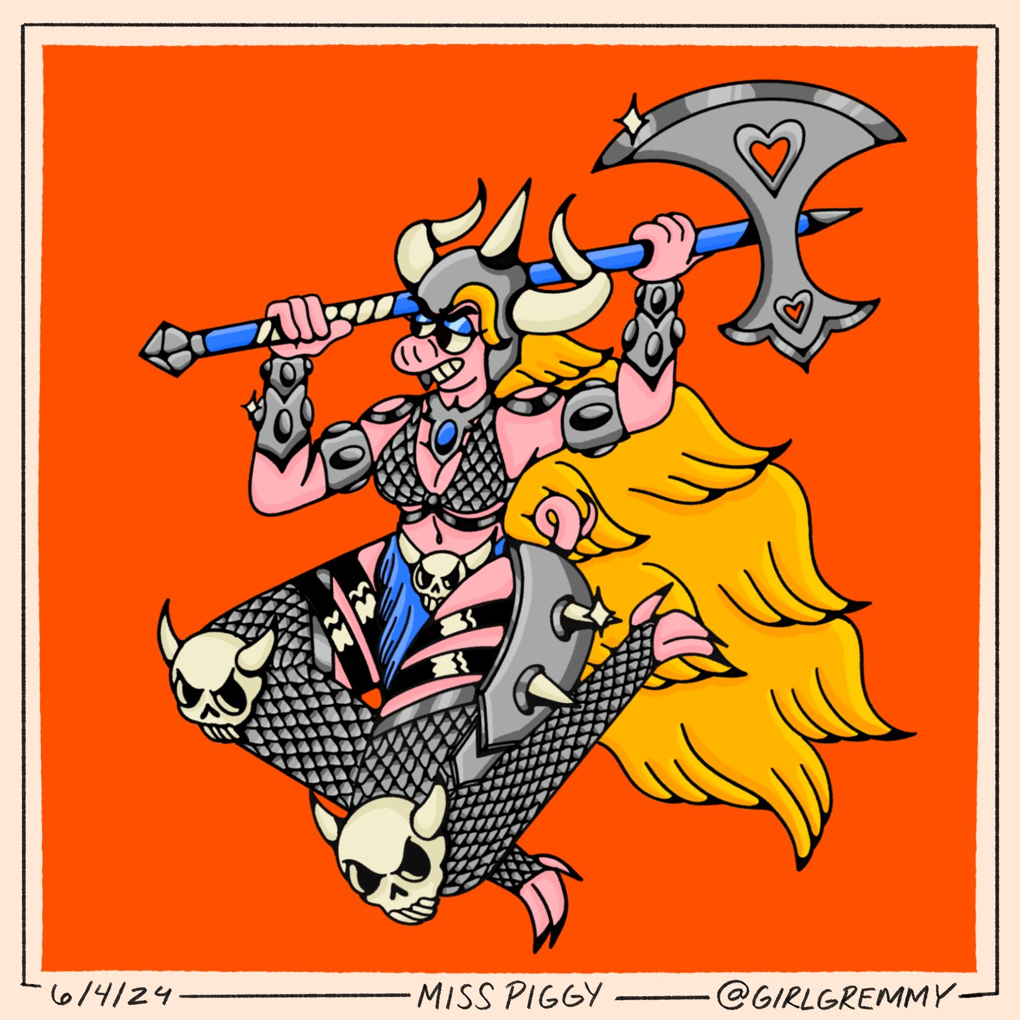 Heavy Metal Pork Chop barbarian character design digital illustration fantasy illustration illustrator kermit medieval misspiggy muppet pig procreate truegritsupply warrior