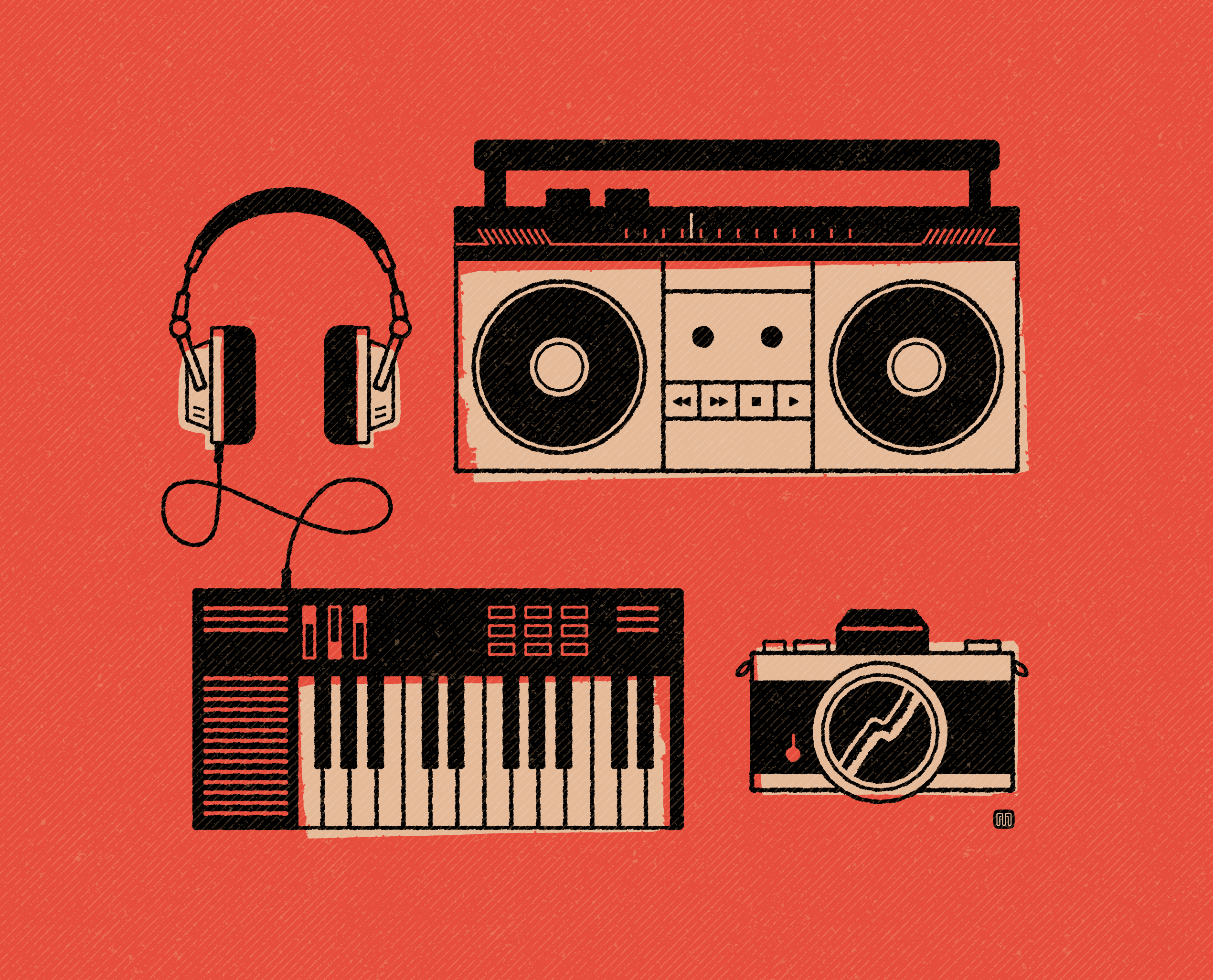Vintage Gear analog boombox camera design film gear hand drawn headphones illustration mightymoss synth typography vintage