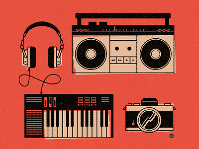 Vintage Gear analog boombox camera design film gear hand drawn headphones illustration mightymoss synth typography vintage