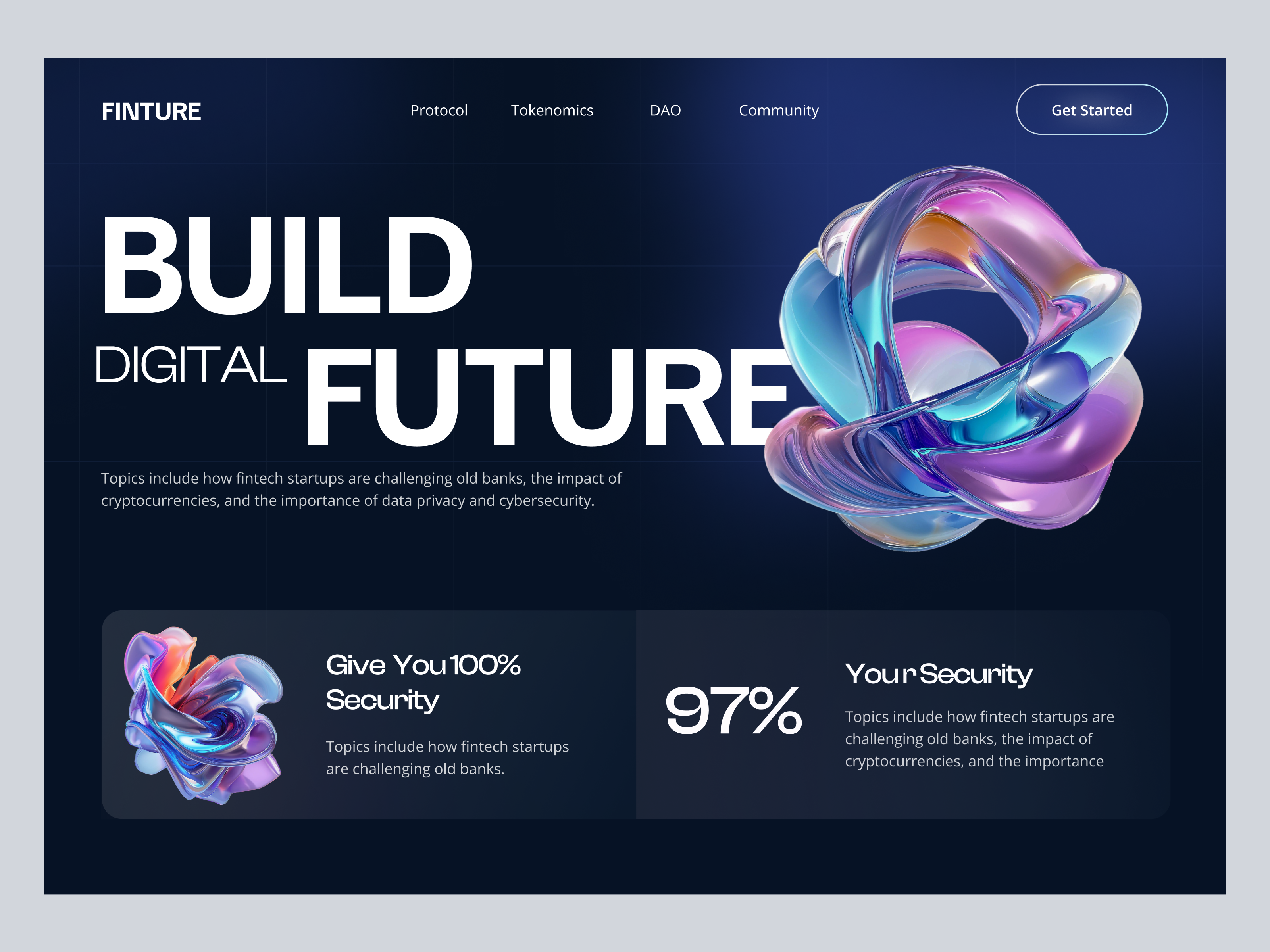 Finture - Cryptocurrency Landing Page 3d blockchain btc crypto cryptocurrency dark digital finance futuristic gradient nft payment ui uiux wallet web web design website