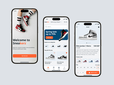 Online Shoes App - Sneakerz app ui appdesign appui detailscreen ecommerce homescreen mobile app mobileapp mobiledesign online shop app shoes shoes app shoesapp sneakers ui ux