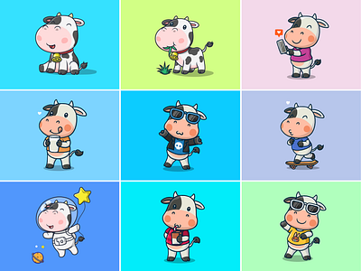 Baby Cow🐮🥛🌿 animal astronaut character cow cute drink eating farm glasses grass hoodie icon illustration logo meat milk pet skateboard style vector