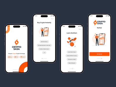 Onboarding Screens for Crypto Exchange App – Modern UI/UX Design bright theme chips clean coins crypto education exchange fintech illustrated graphics illustrations interactive elements layout logo minimalistic design mobile app onboarding orange peer to peer reward system transaction