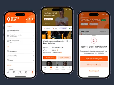 User Profile and Learning Modules – Comprehensive App Design account settings crypto education education educational content informative learning limits navigation password phone number profile settings tiers tutorials user friendly user profile webinars