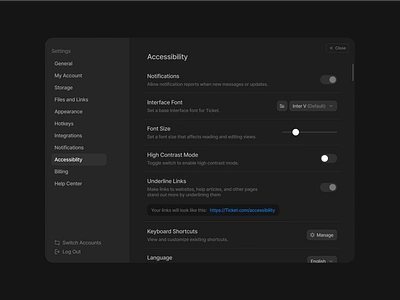 Settings - Accessibility accessibility app appearance component dark mode design system dropdown figma floater landing page menu minimalist modal settings slider toggle ui ui design ui kit widget