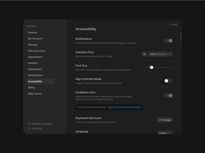 Settings - Accessibility accessibility app appearance component dark mode design system dropdown figma floater landing page menu minimalist modal settings slider toggle ui ui design ui kit widget