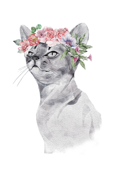 Watercolor Cat - Flowers In Head Portrait For T Shirt design illustration